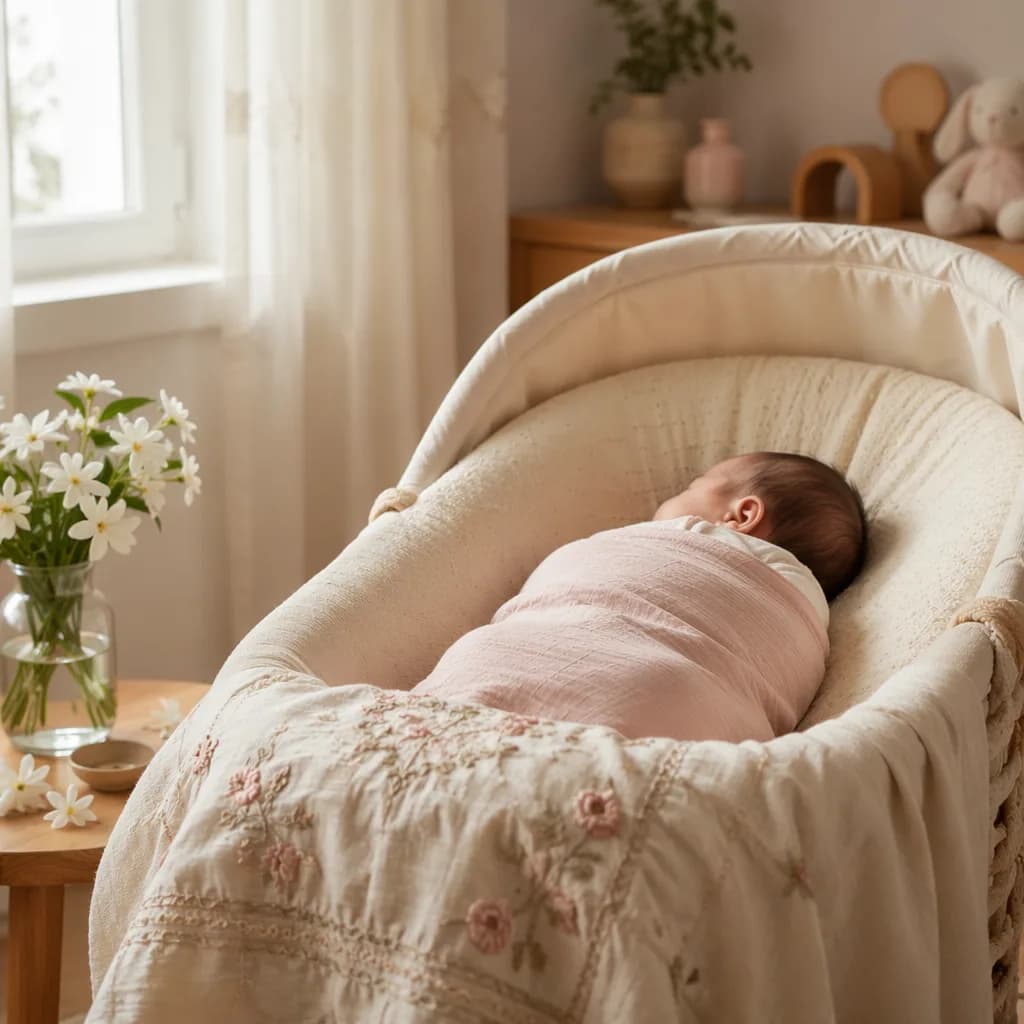 Peaceful newborn in a soft pastel nursery with jasmine flowers and gentle natural light.
