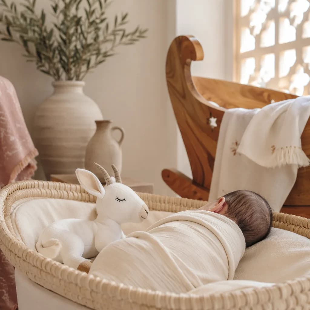 A serene pastel nursery scene with a swaddled baby and plush white gazelle in warm natural light.