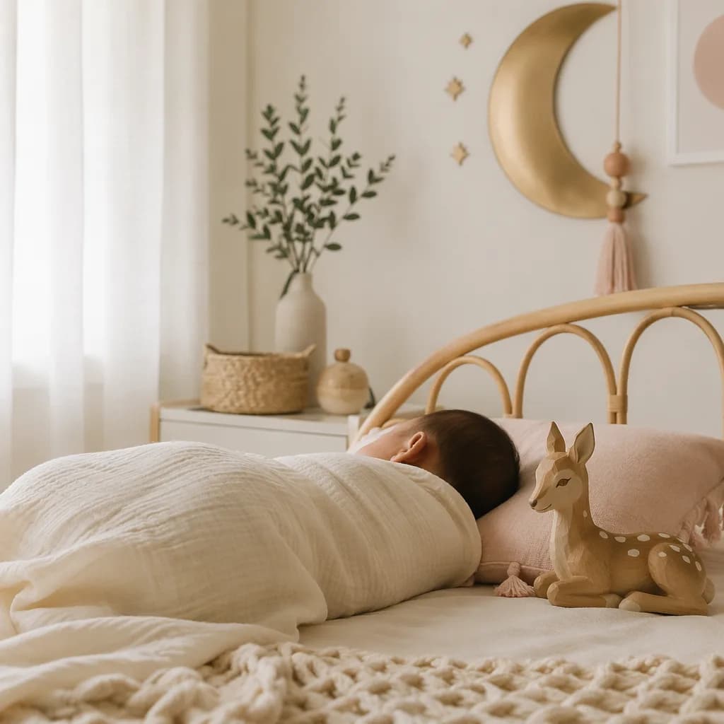 A peaceful pastel nursery with a swaddled baby, wooden doe figurine, and soft moon decor.