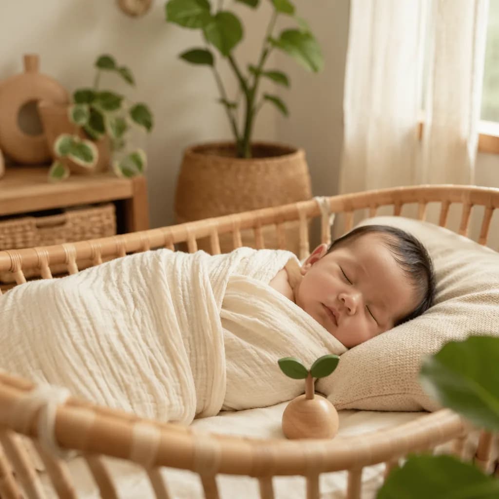 Sleeping baby in a soft nursery with greenery and warm natural light.