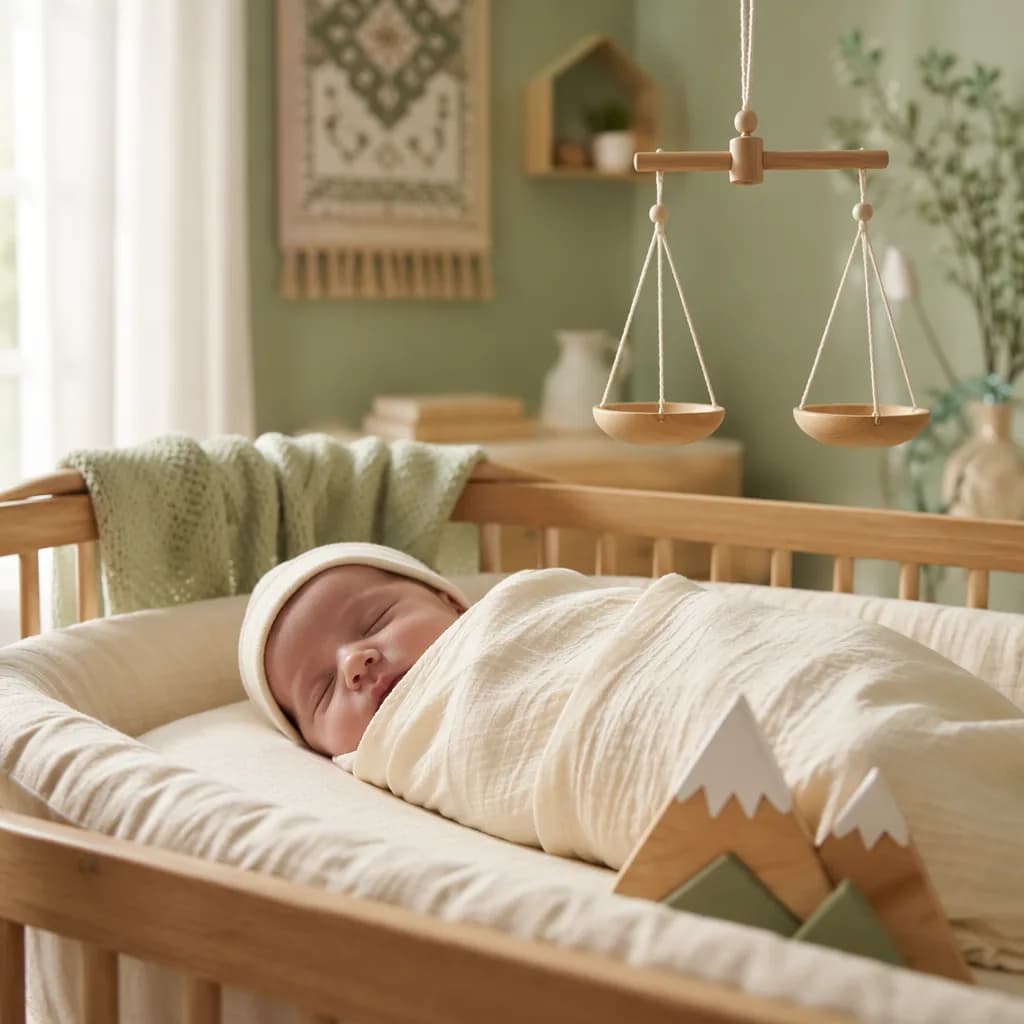 Sleeping newborn in a warm pastel nursery with symbolic mountain toy and balance mobile
