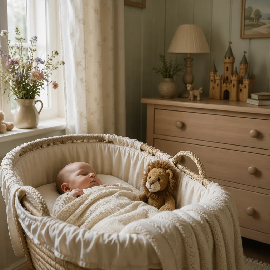 Soft pastel English nursery with a sleeping baby, wildflowers, a toy castle, and a lion plush.