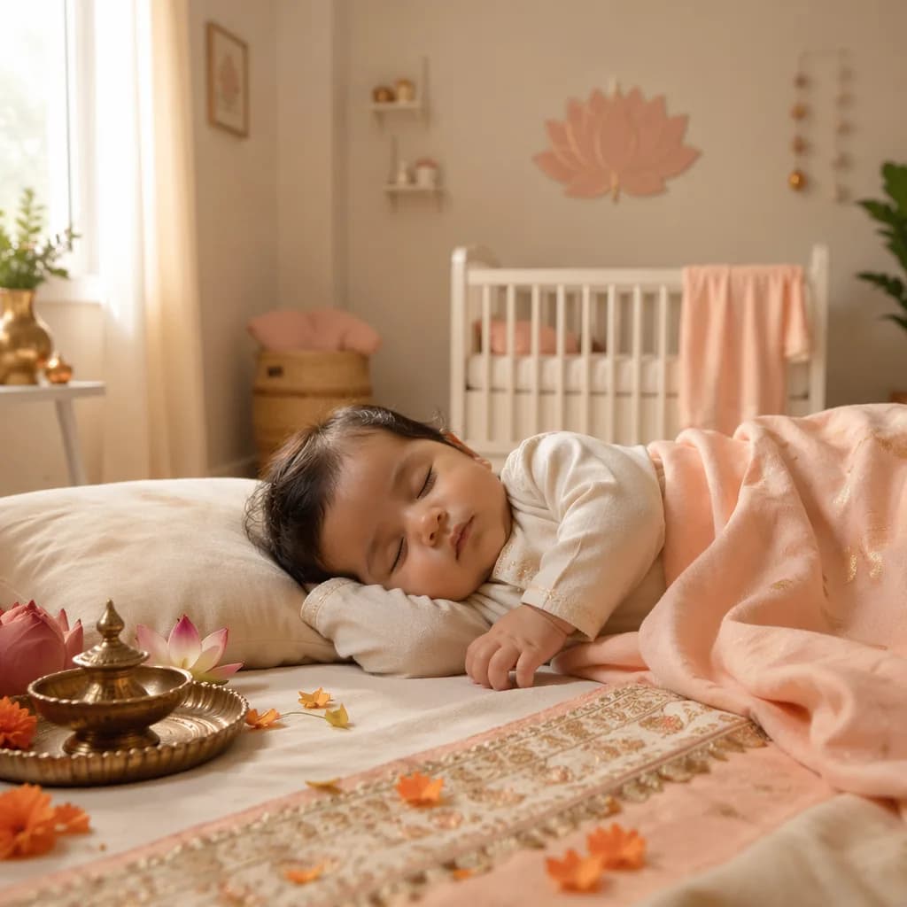 Sleeping baby in a warm pastel nursery with gentle Indian-inspired decor