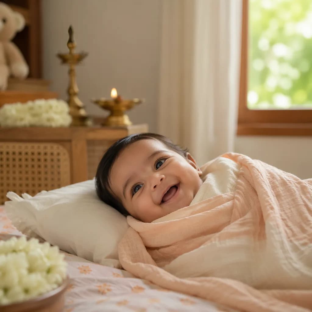A softly lit Tamil baby nursery scene with a smiling infant wrapped in pastel blankets.