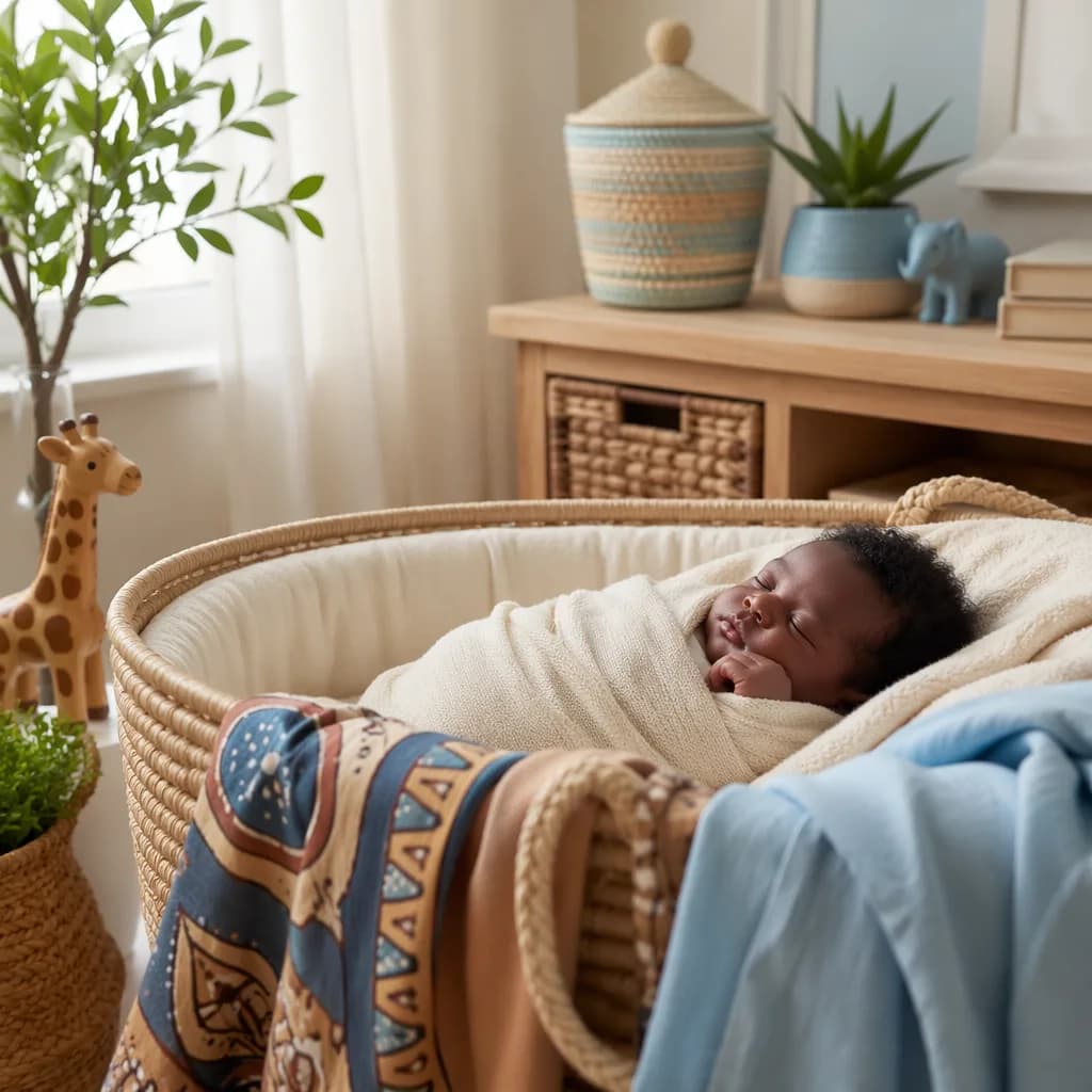 Sleeping newborn in a warm pastel nursery with subtle East African-inspired accents.