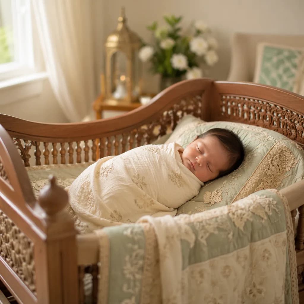 Sleeping newborn in a soft pastel South Asian-inspired nursery