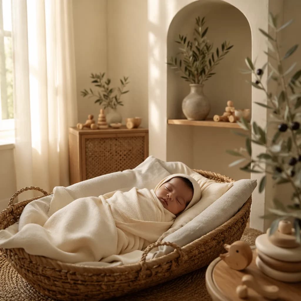 A peaceful Arabic-inspired nursery with a swaddled sleeping baby in warm natural light.