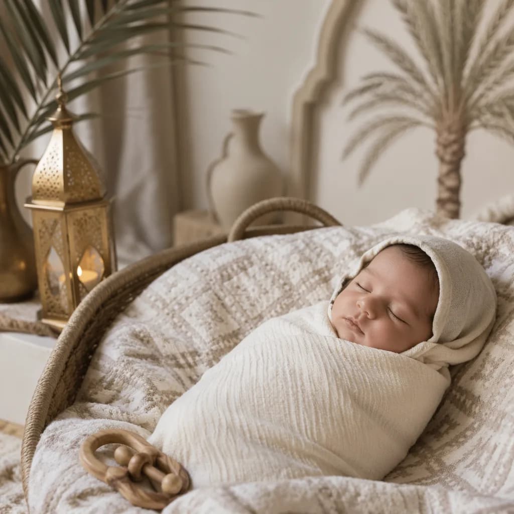 A peaceful swaddled baby in a warm Arabic-inspired nursery with soft natural light.