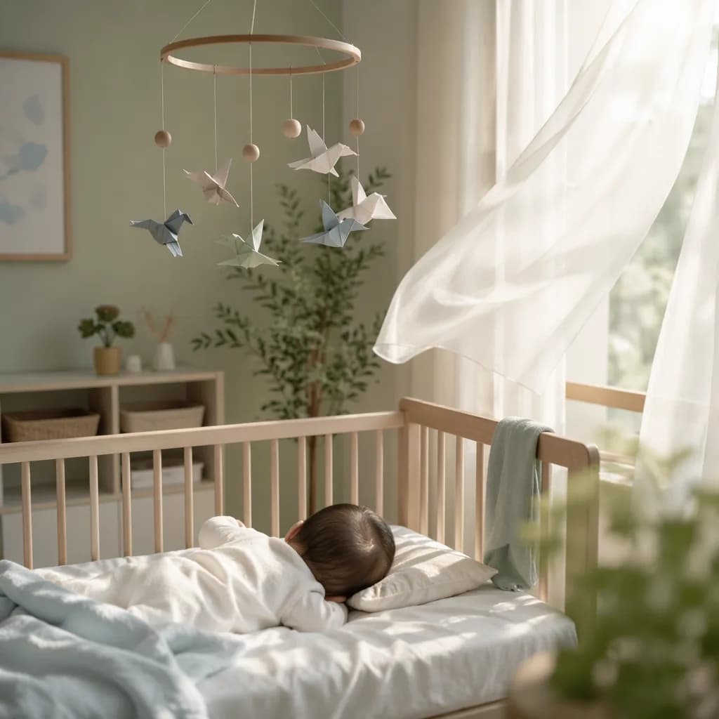 Soft Japanese-inspired nursery with a sleeping baby and breezy pastel curtains.