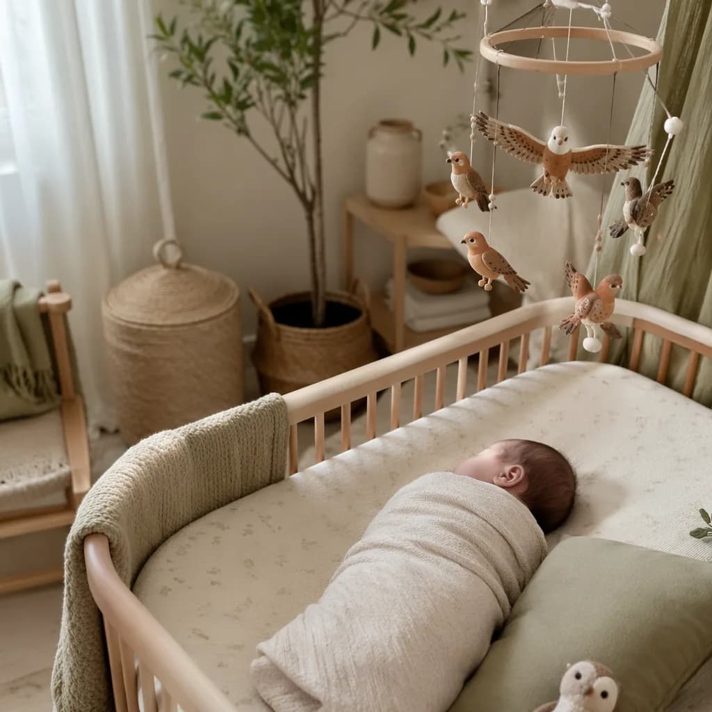 Soft pastel nursery scene with a swaddled baby and falcon-inspired mobile.