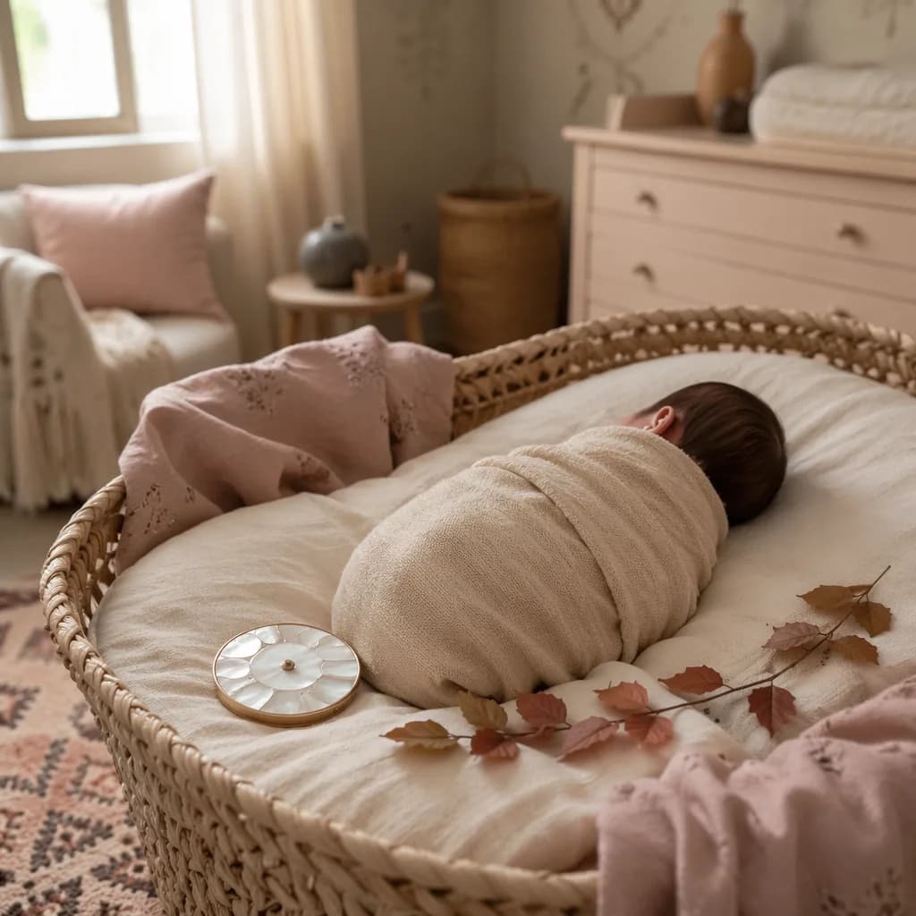 Sleeping swaddled baby in a soft nursery with autumn leaves and pearl details.