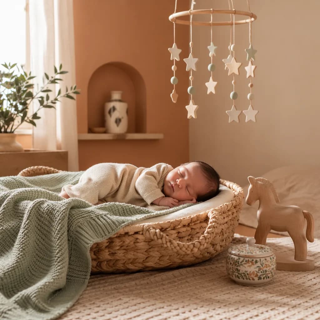 Peaceful Spanish nursery scene with a sleeping baby, soft pastels, and warm natural light.