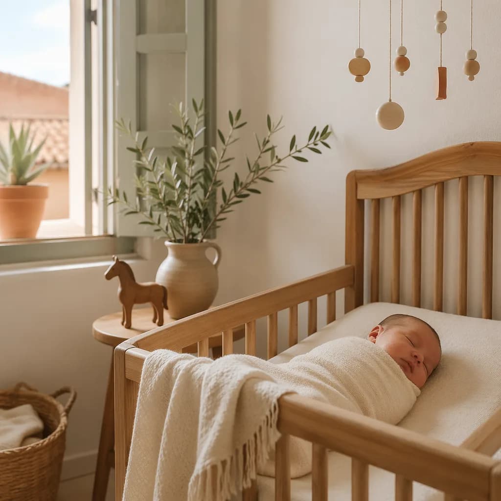 A peaceful newborn in a cozy pastel nursery with Mediterranean accents and a wooden toy horse.