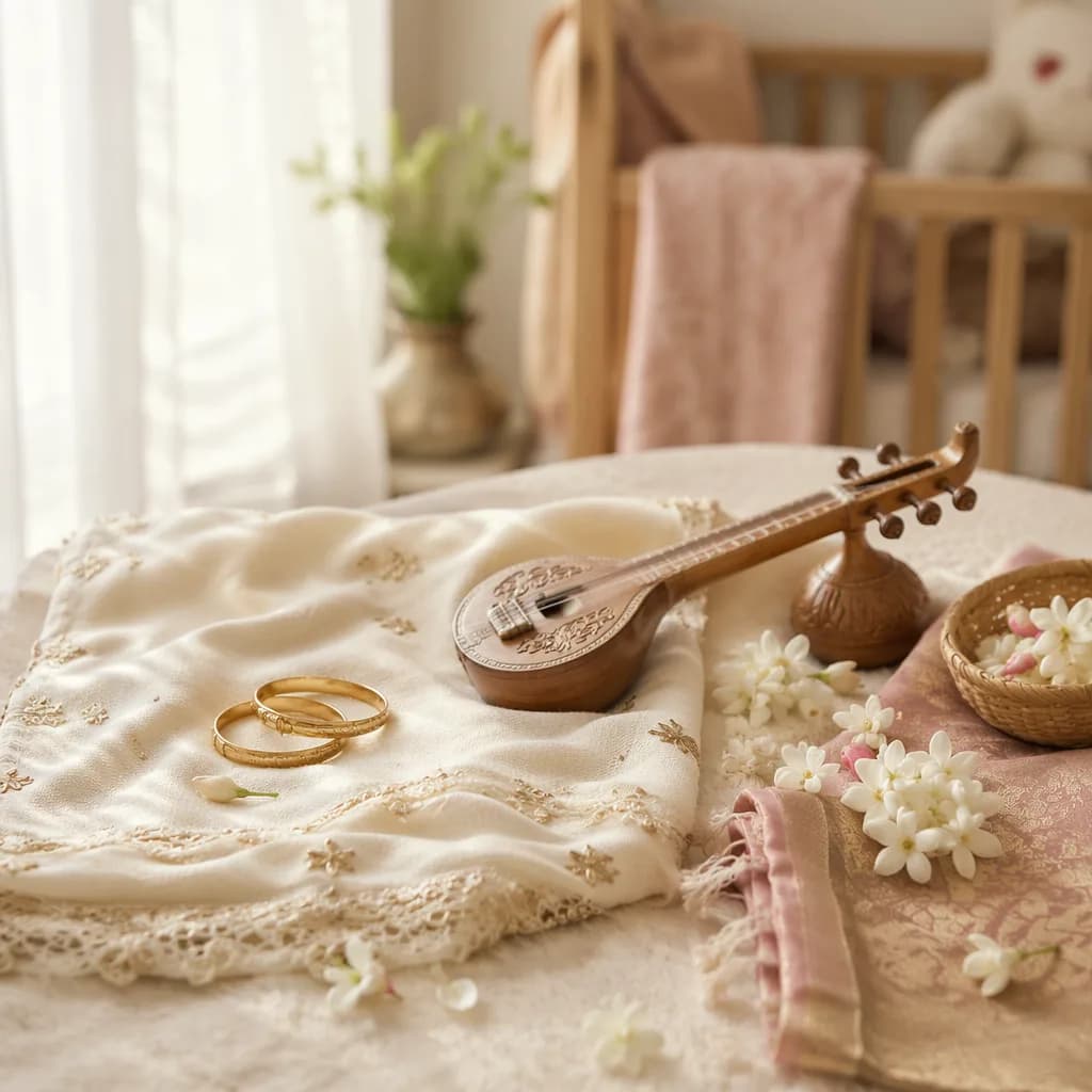 Soft Tamil-inspired nursery still life with jasmine, baby blanket, gold bangles, and a musical ornament.
