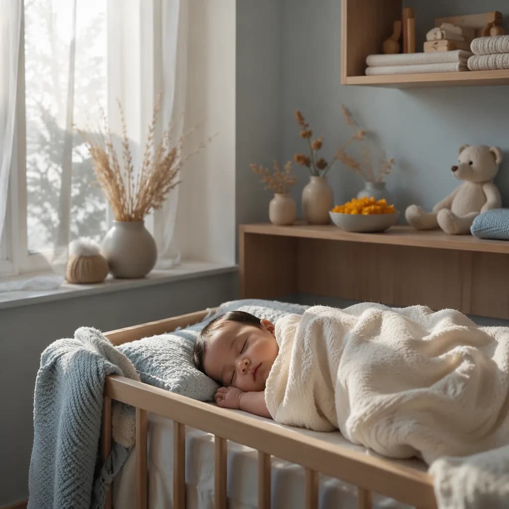 Cozy pastel nursery with a sleeping baby and subtle early winter accents.