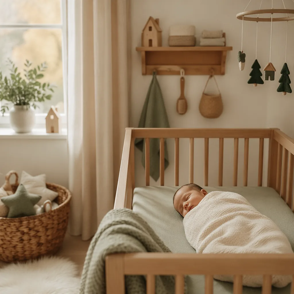 A peaceful baby sleeping in a cozy pastel nursery with a small wooden house accent.