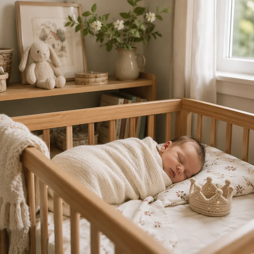 Sleeping swaddled baby in a cozy pastel nursery with a small knitted crown toy.