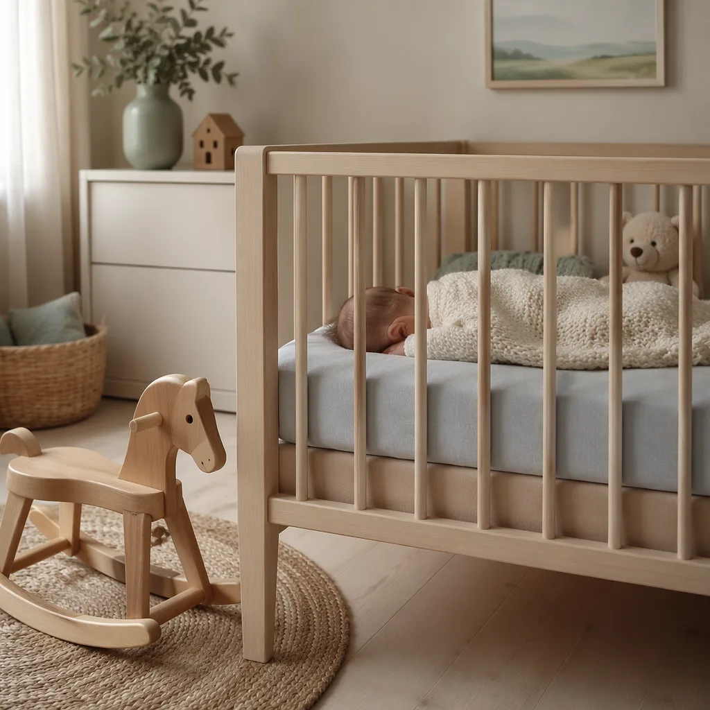 Soft Nordic nursery with a sleeping baby in a cozy crib and gentle pastel decor.