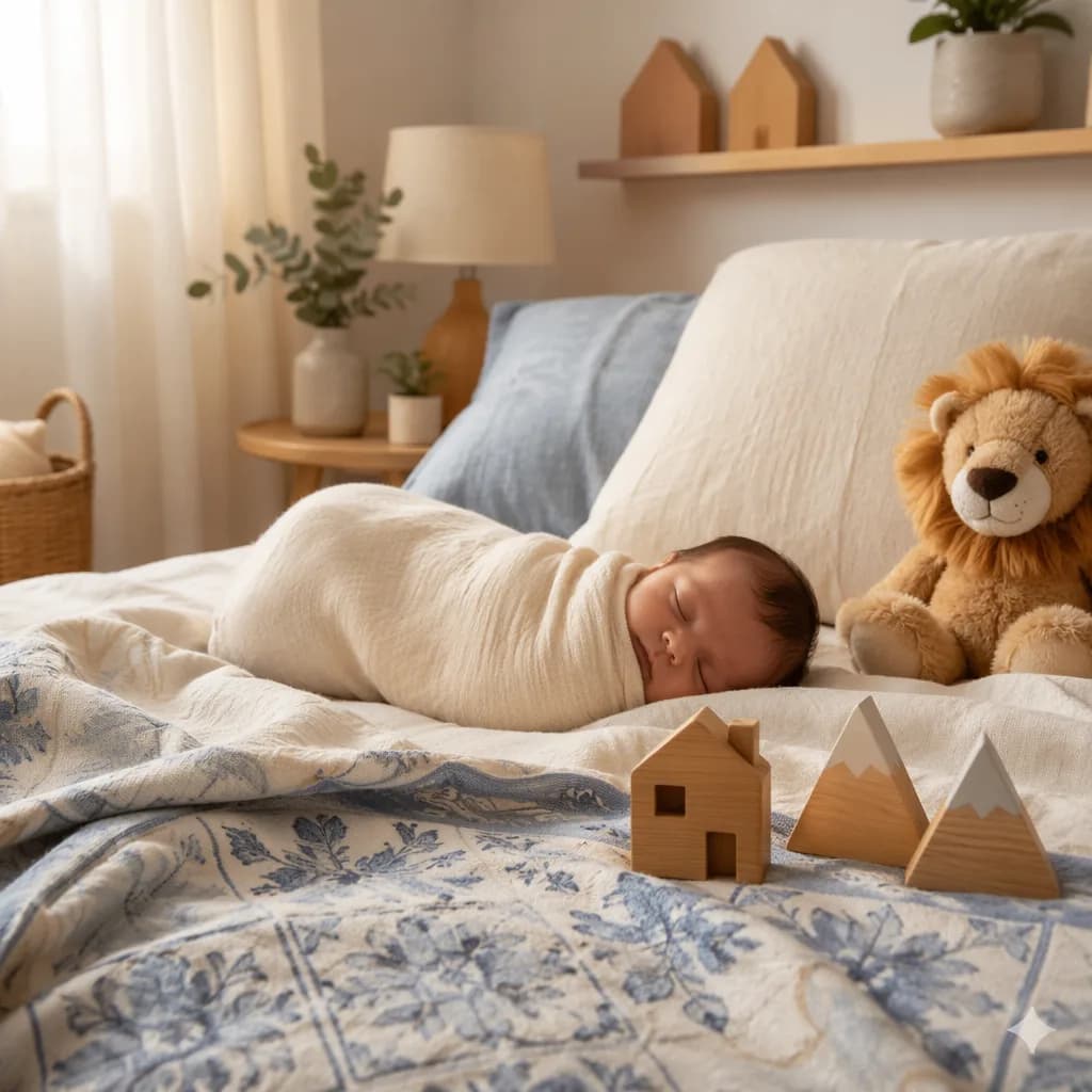 Soft pastel Portuguese nursery with a swaddled newborn and symbolic wooden toys.