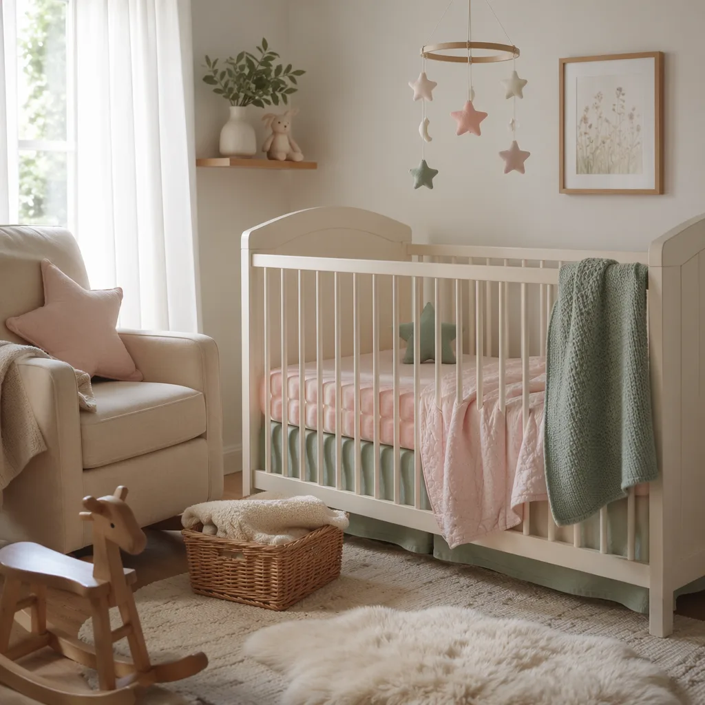 Soft pastel nursery with a star mobile and warm natural light.
