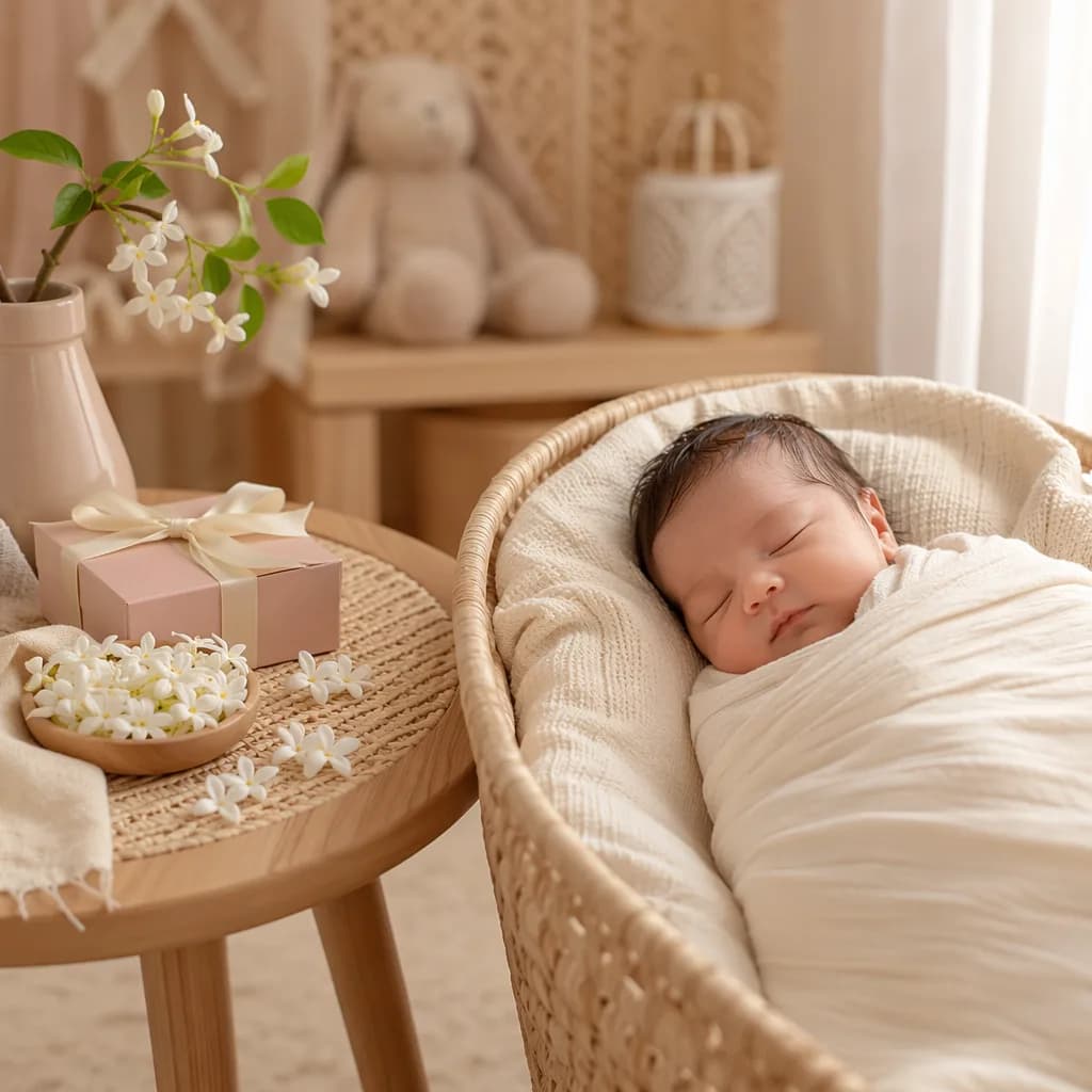 Sleeping newborn in a soft pastel nursery with a small gift box and jasmine flowers.