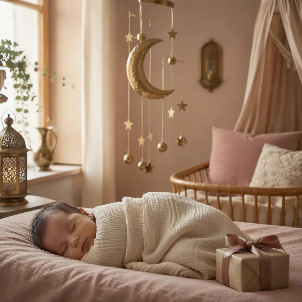Sleeping baby in a soft pastel nursery with a gift and crescent moon mobile.