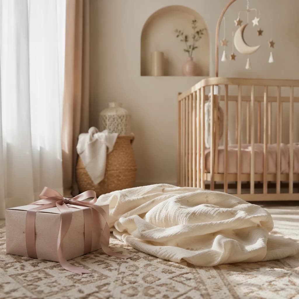 Soft pastel nursery scene with a wrapped gift, crescent mobile, and cozy baby blanket.