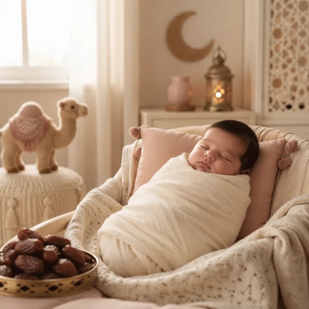 Peaceful newborn in a soft Arabic-inspired nursery with camel, crescent, and dates.