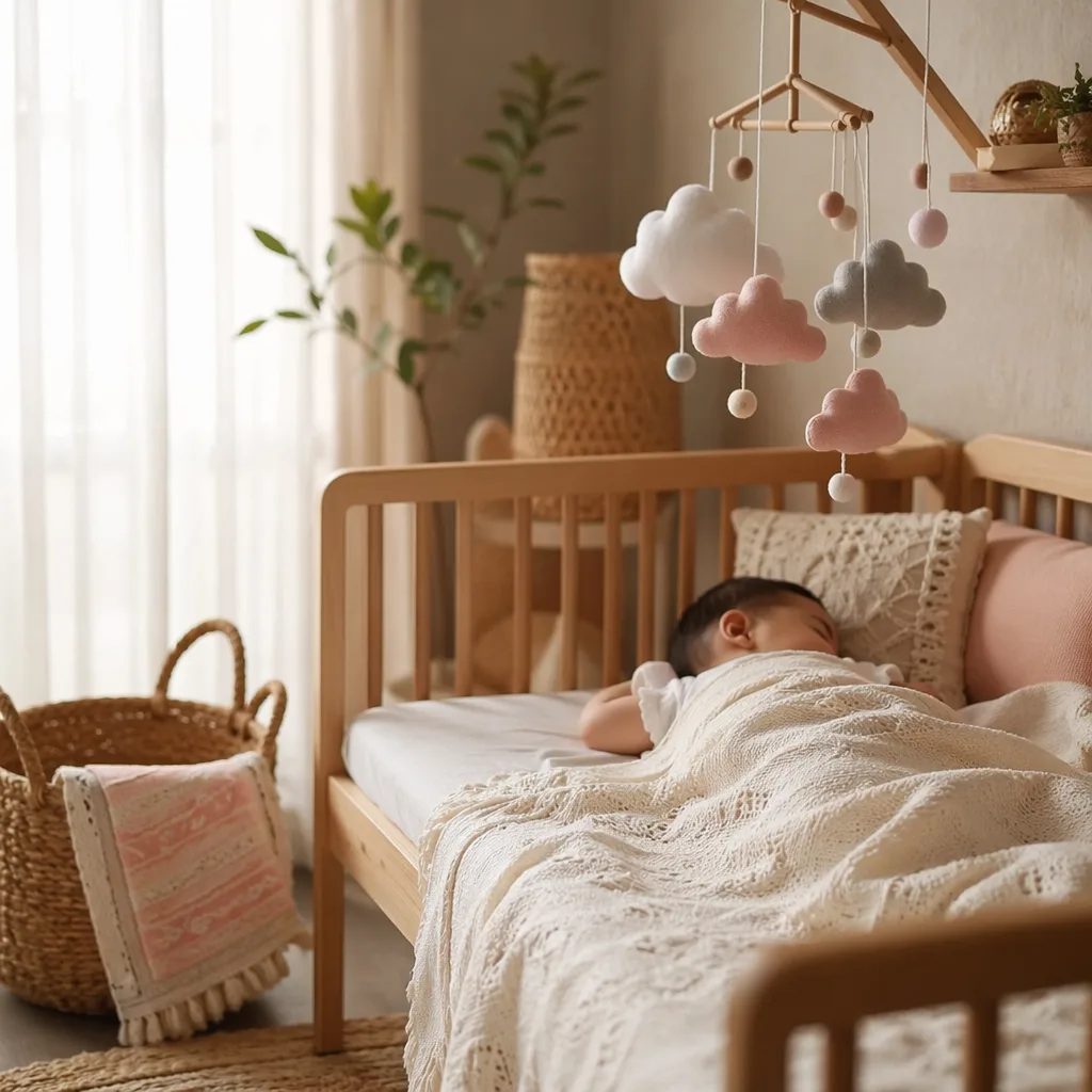 A peaceful Filipino baby sleeping in a soft pastel nursery with dreamy, hopeful accents.