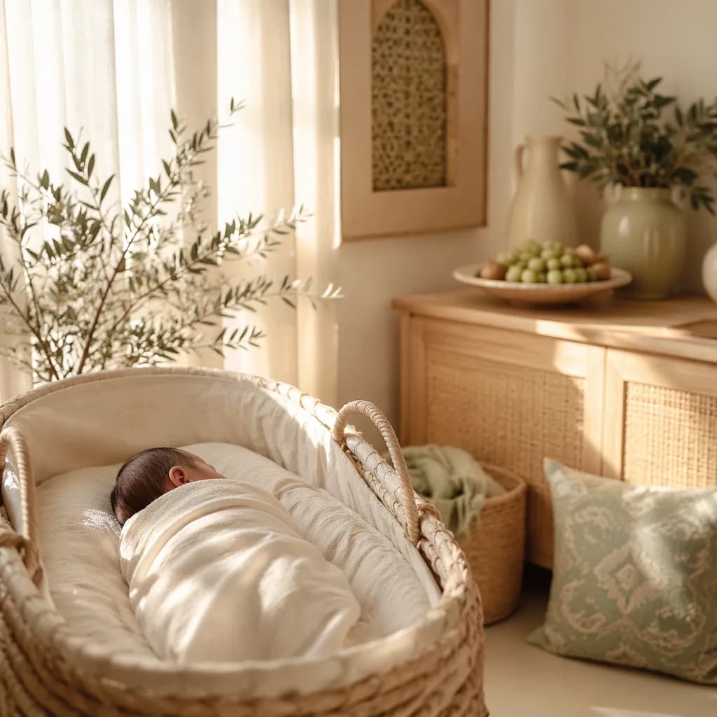 Serene Arabic-inspired nursery with a swaddled newborn in soft natural light.