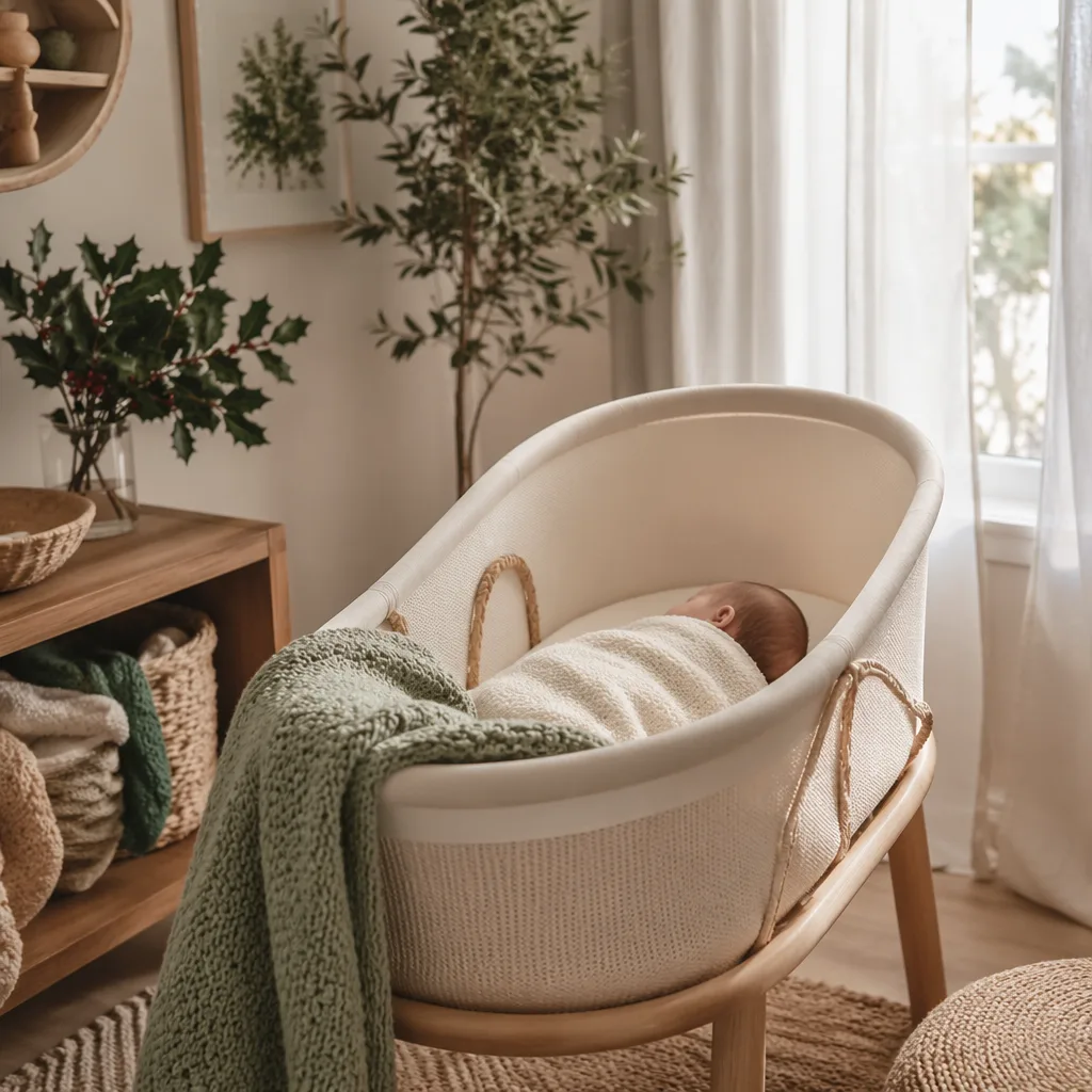 Cozy pastel nursery with a sleeping baby and subtle holly-inspired decor.