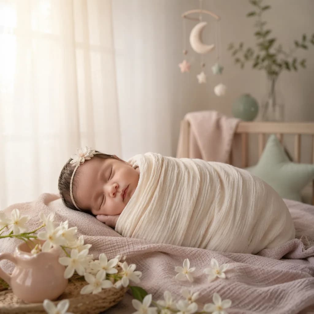 A peaceful swaddled newborn in a softly lit pastel nursery with jasmine flowers and a crescent moon mobile.