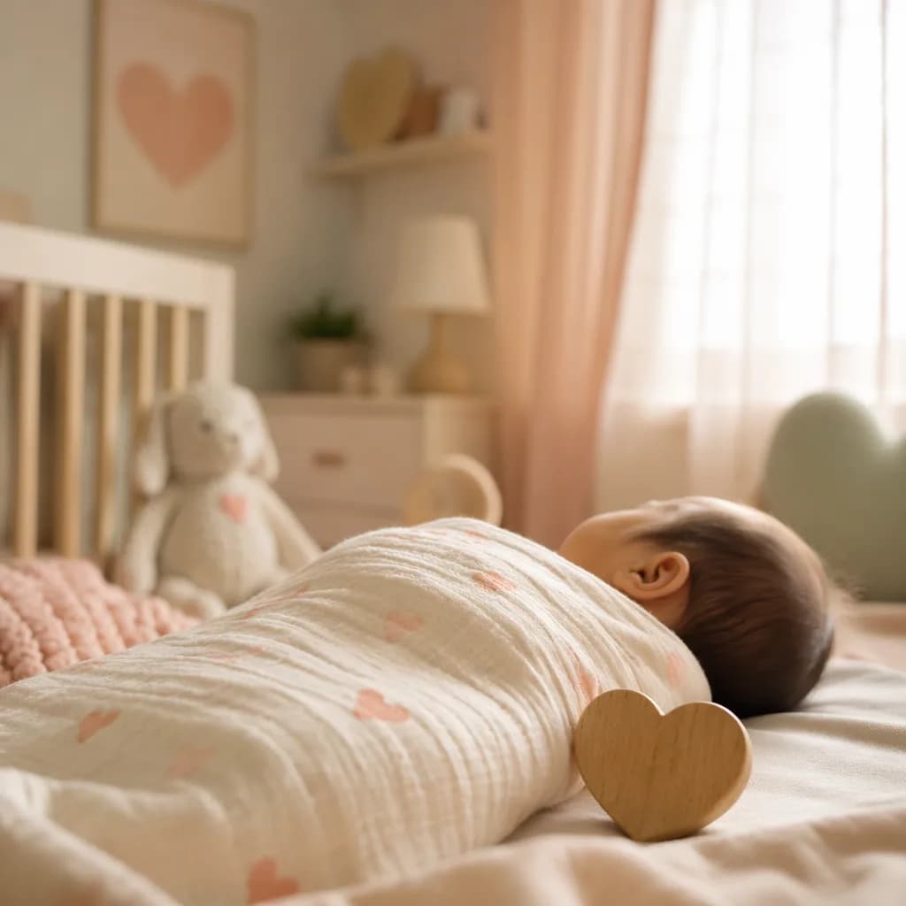 Soft pastel nursery scene with a wrapped Indian baby and heart-shaped keepsake.