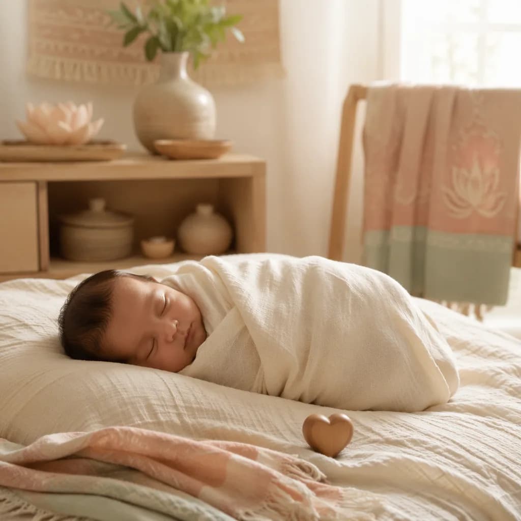 A softly lit pastel nursery with a swaddled baby and heart-shaped wooden keepsake.