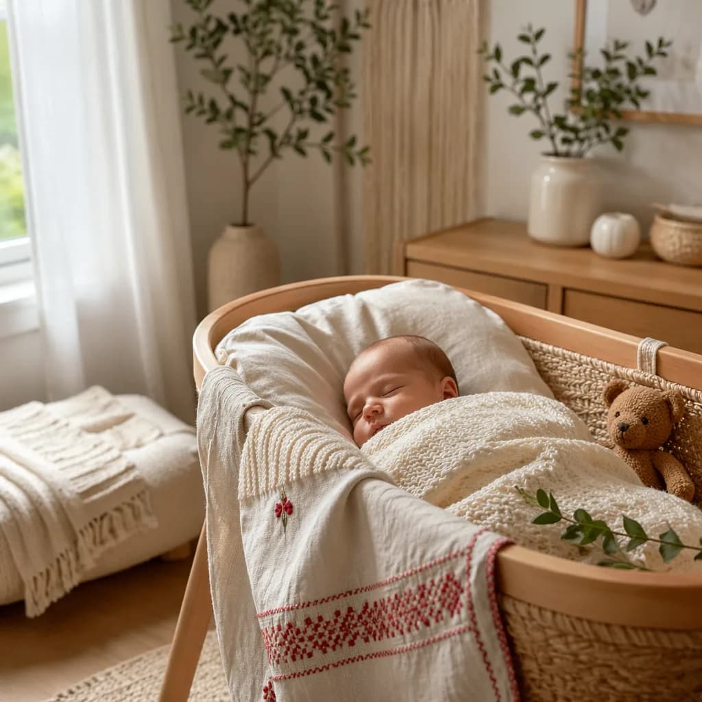 A peaceful swaddled newborn in a cozy pastel nursery with subtle Polish-inspired accents.