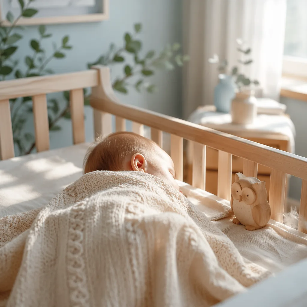 A peaceful sleeping baby in a softly lit pastel nursery with a cozy blanket and wooden owl toy.