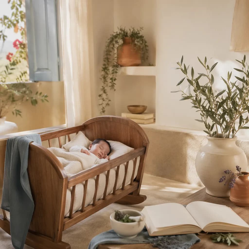 Sleeping baby in a soft Mediterranean-inspired nursery with warm natural light.