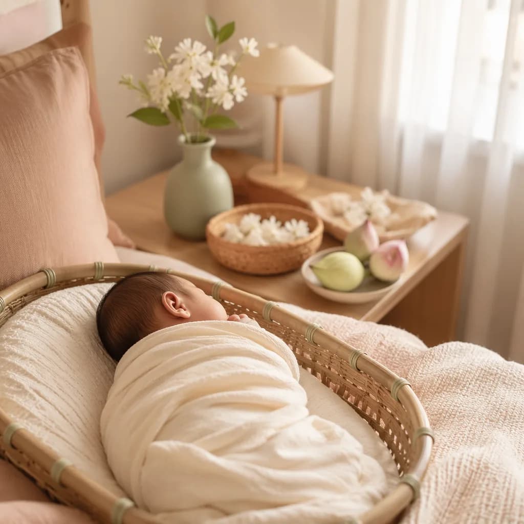 A peaceful Vietnamese-inspired nursery with a swaddled newborn, jasmine blossoms, and soft morning light.
