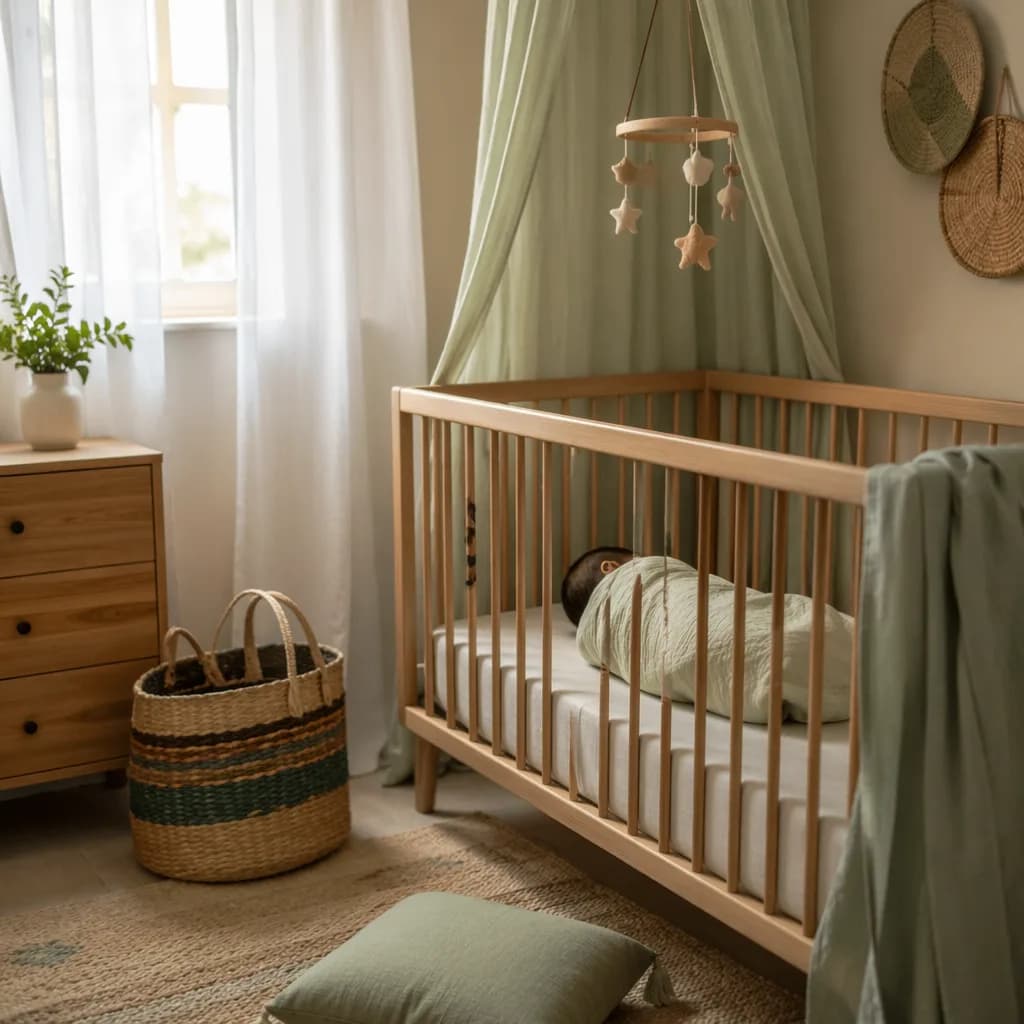 A peaceful pastel nursery with a swaddled sleeping baby and soft East African-inspired decor.