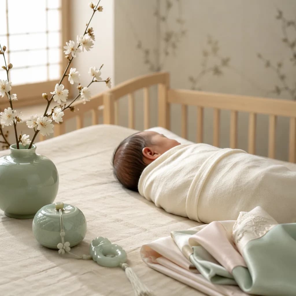 A softly lit Korean-inspired nursery with a swaddled sleeping baby and delicate pastel keepsakes.