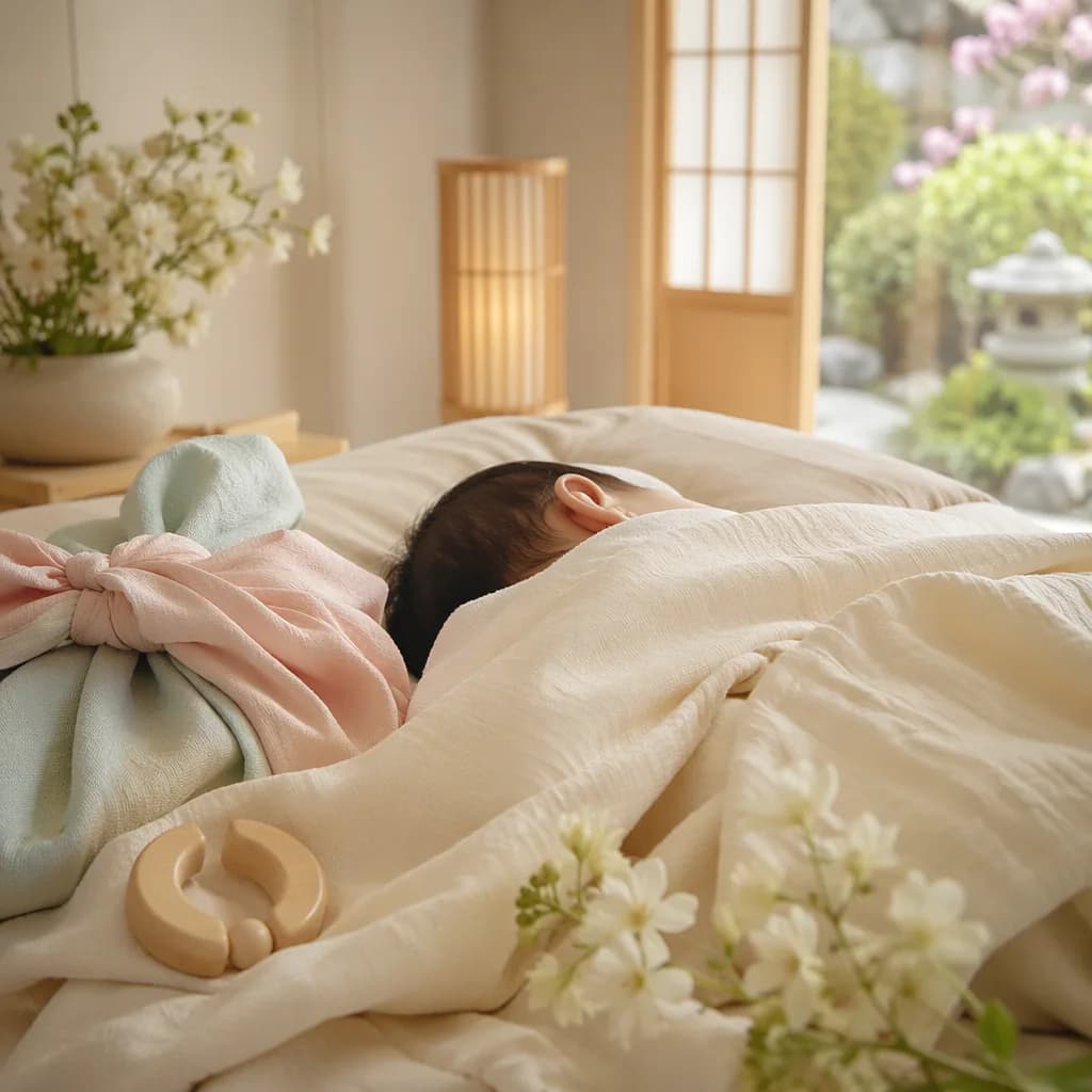 A peaceful Korean-inspired nursery with a sleeping baby, pastel cloth, flowers, and soft natural light.