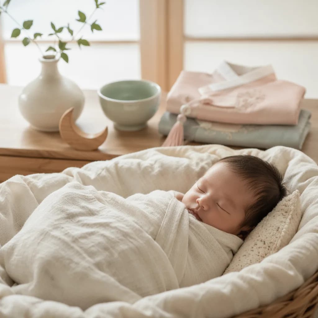 Sleeping swaddled baby in a softly lit Korean-inspired nursery with pastel accents.