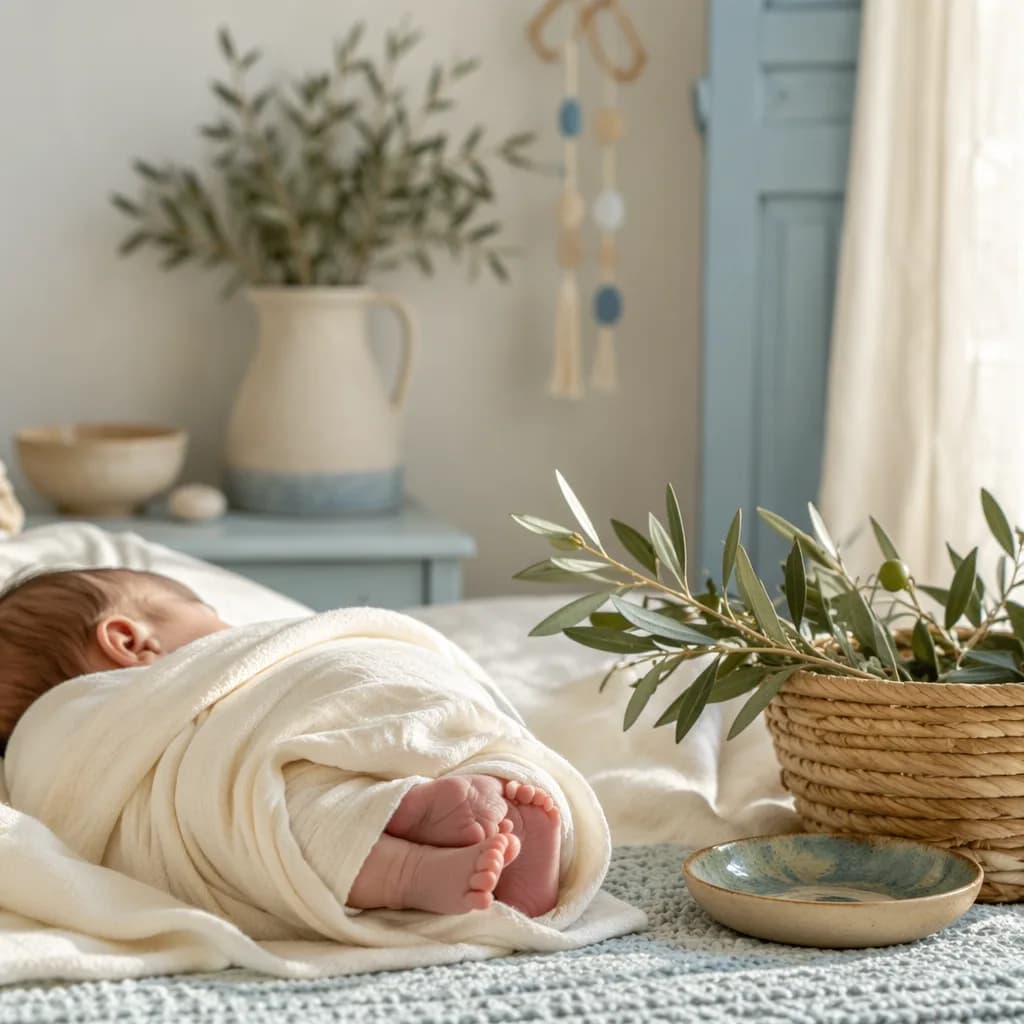 A peaceful Greek-inspired nursery with a swaddled newborn and olive branches in soft natural light.