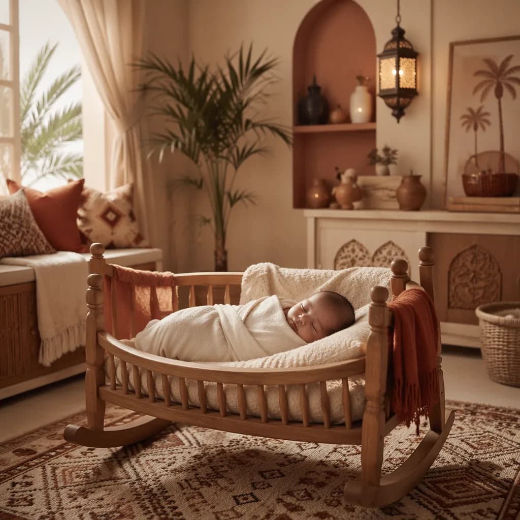 Sleeping newborn in a cozy pastel nursery with warm terracotta accents and gentle natural light.