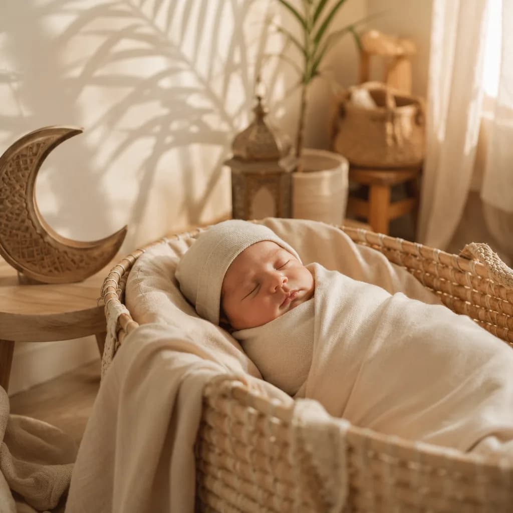 A peaceful newborn in a warm Arabic-inspired nursery with soft Egyptian details.