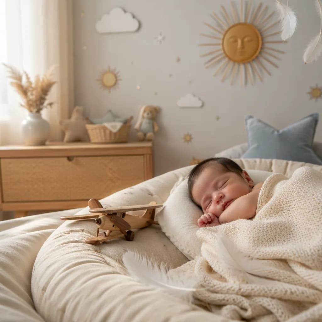 Sleeping newborn in a soft nursery with a wooden airplane, feathers, and gentle sun accents.