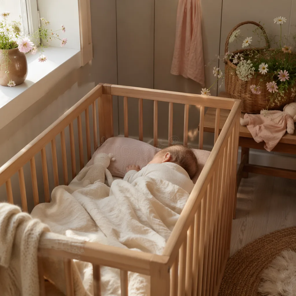 Soft Scandinavian nursery with a sleeping baby, pale wood crib, cream linens, and delicate wildflowers.