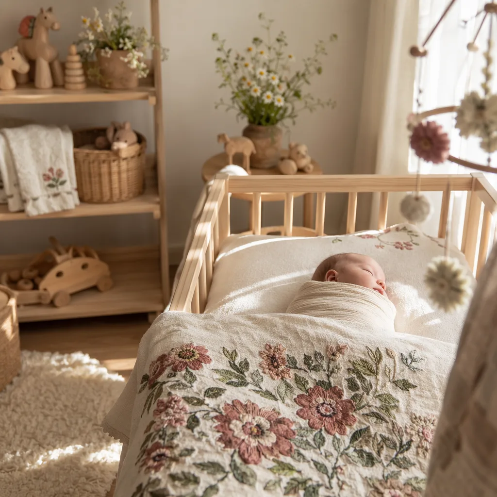 A peaceful Polish-inspired nursery with a sleeping swaddled baby in soft natural light.