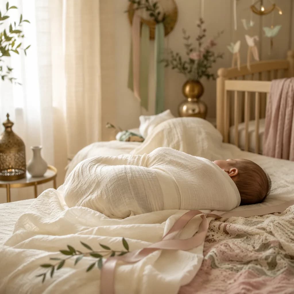 A peaceful swaddled newborn in a soft pastel nursery with gentle Turkish-inspired details.