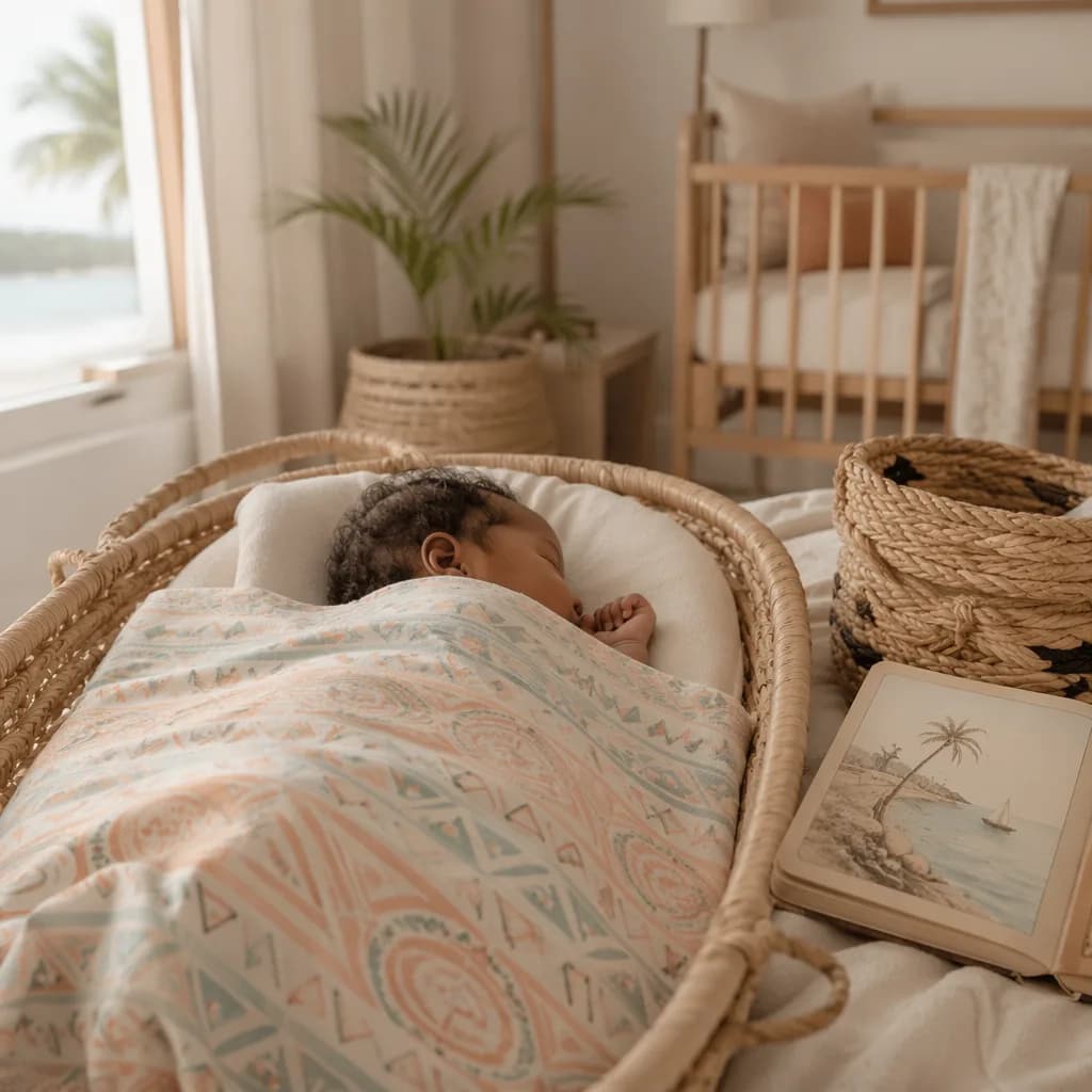 Sleeping baby in a pastel Swahili-inspired nursery with a woven basket and storybook.